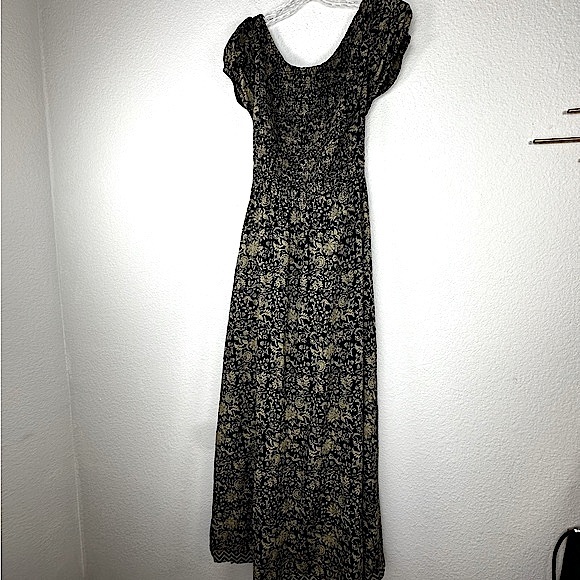 Free People Ultraviolet Ruched Detail Open Back Boho Maxi Dress Black Tan Large - Picture 3 of 15